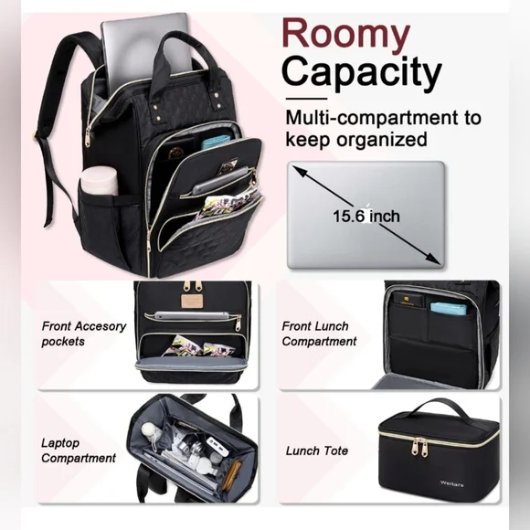 Women's Black Multi Compartment Backpack - Picture 2 of 12